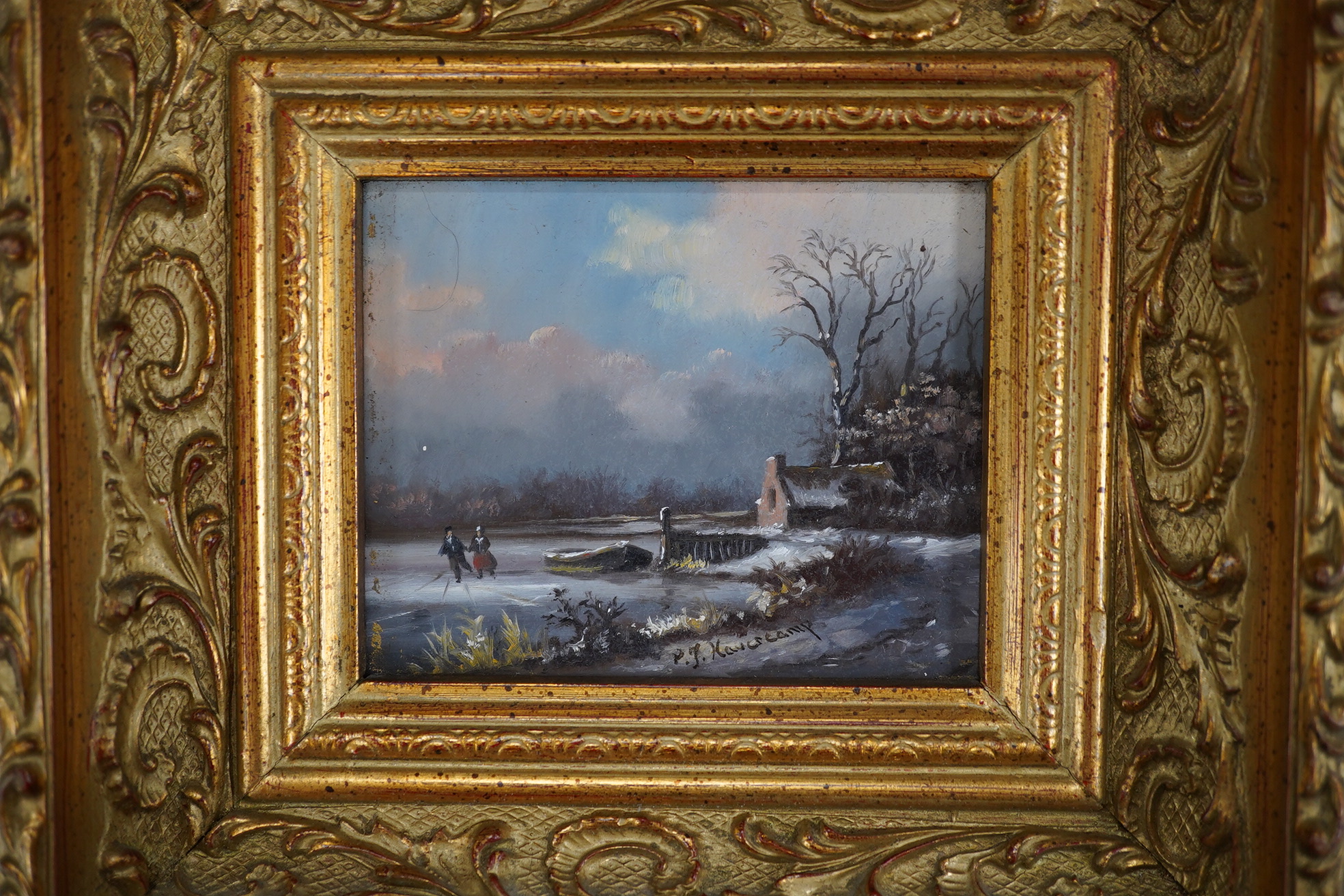 Contemporary Dutch school, pair of oils on board, winter scenes with figures skating, indistinctly signed P. kavcrcamp?, ornate gilt framed, 8 x 10cm. Condition - good